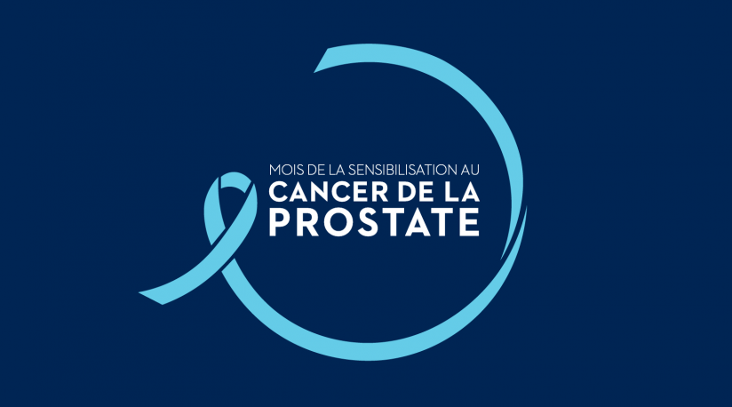 Un ruban bleu entoure le texte suivant : "Mois de la sensibilisation au cancer de la prostate"