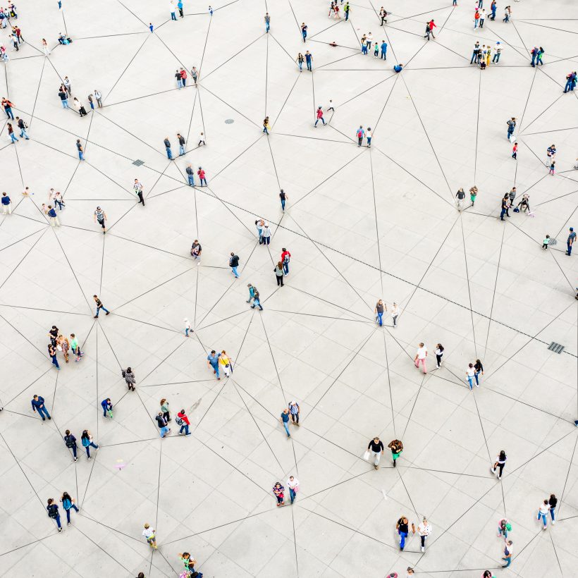 Aerial view of crowd connected by lines, representing the synthetic dataset