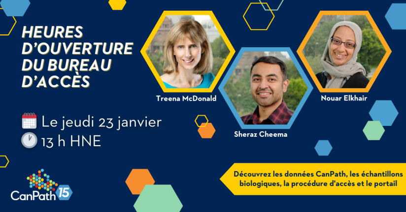 Heures d'ouverture du bureau d'accès. Jeudi 23 janvier à 13h00 HNE. Pour en savoir plus sur les données CanPath, les bioéchantillons, le processus d'accès et le portail. Avec Treena McDonald, Sheraz Cheema et Nouar Elkhair.