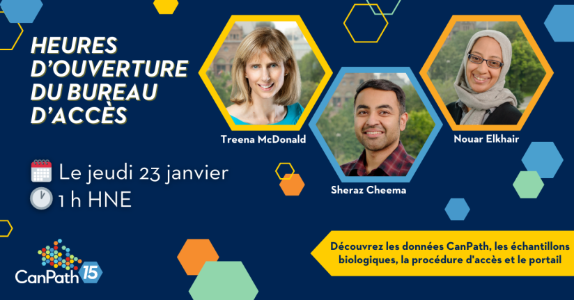 Heures d'ouverture du bureau d'accès. Jeudi 23 janvier à 13h00 HNE. Pour en savoir plus sur les données CanPath, les bioéchantillons, le processus d'accès et le portail. Avec Treena McDonald, Sheraz Cheema et Nouar Elkhair.