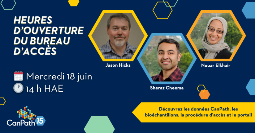 Heures d'ouverture du bureau d'accès. Mercredi 18 juin à 14h (HAE). Pour en savoir plus sur les données CanPath, les échantillons biologiques, le processus d'accès et le portail. Avec Jason Hicks, Sheraz Cheema et Nouar Elkhair.