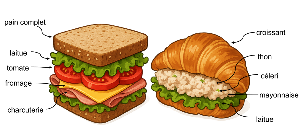 À gauche, un sandwich avec du pain complet, de la laitue, des tomates, du fromage et de la charcuterie. À droite, un croissant avec du thon, du céleri, de la mayonnaise et de la laitue.