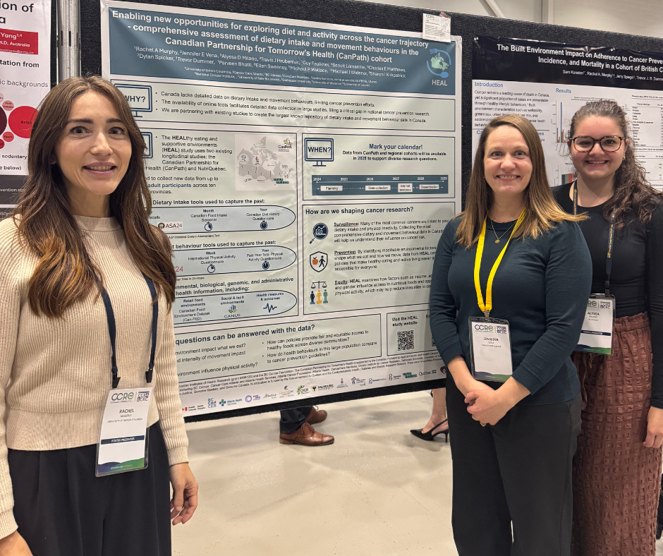 Dr. Rachel Murphy, Dr. Jennifer Vena, and Alyssa Milano stand by the HEAL poster at the Canadian Cancer Research Conference.