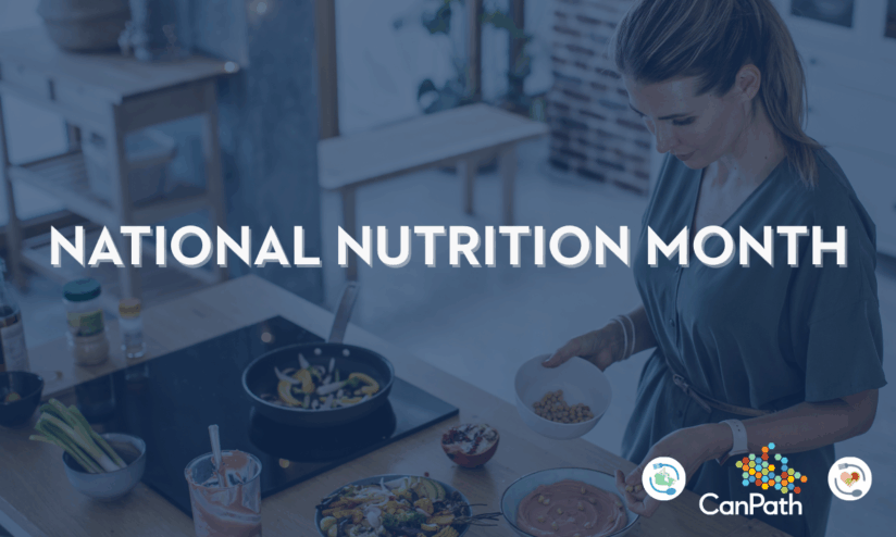 A woman frying food in the kitchen. Text reads: "National Nutrition Month."