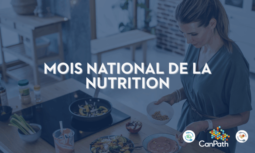 Une femme en train de faire frire des aliments dans la cuisine. Le texte indique : « Mois national de la nutrition ».