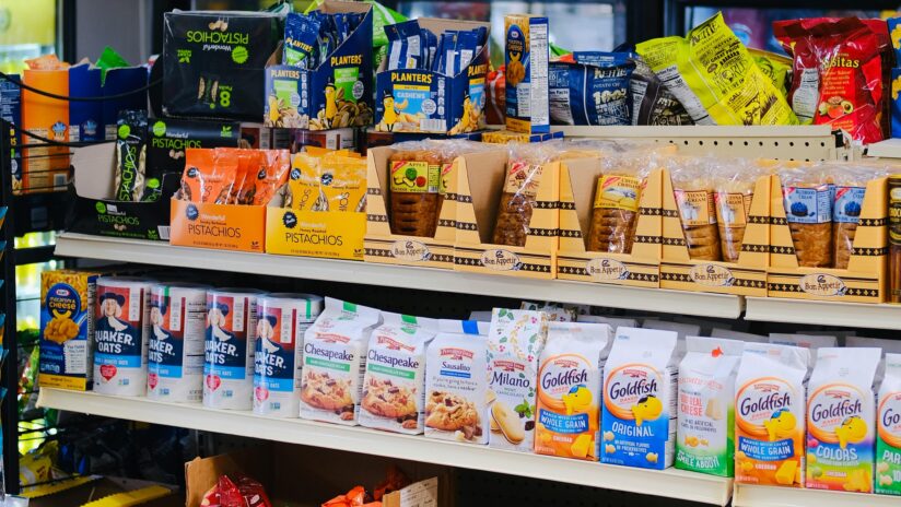 Selection of packaged foods in a shop