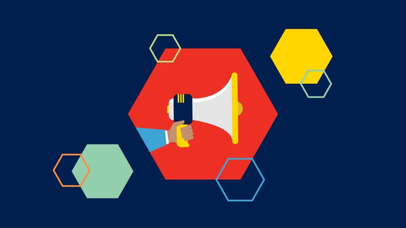 Colourful hexagons and a megaphone.